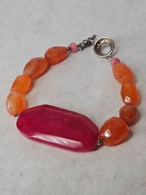 Barse 925 Sterling Silver Red Orange Rock Crystal Stone Toggle Bracelet 7.5 inch